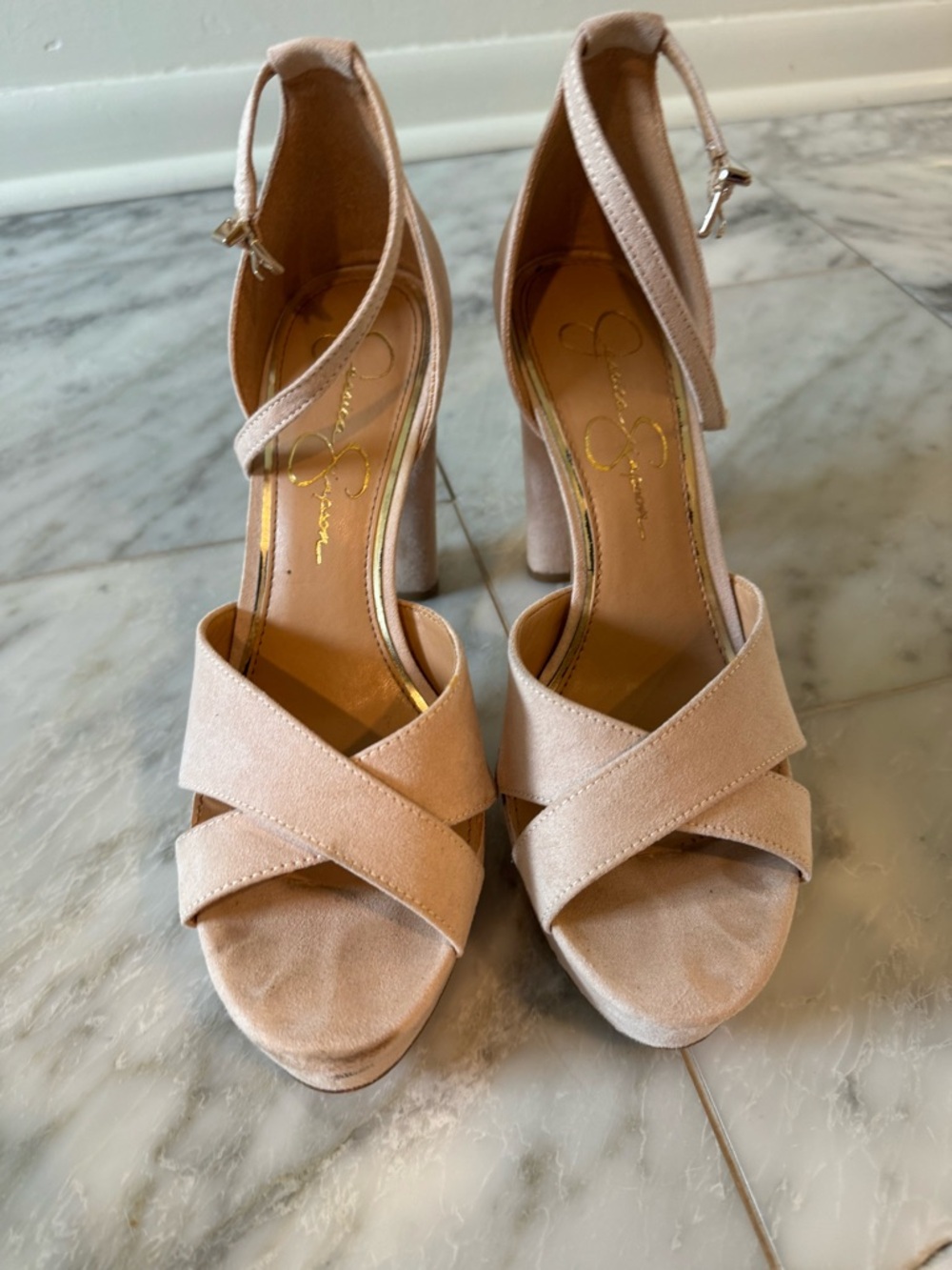 Jessica Simpson Pale Pink Suede Crisscross Platform Heels